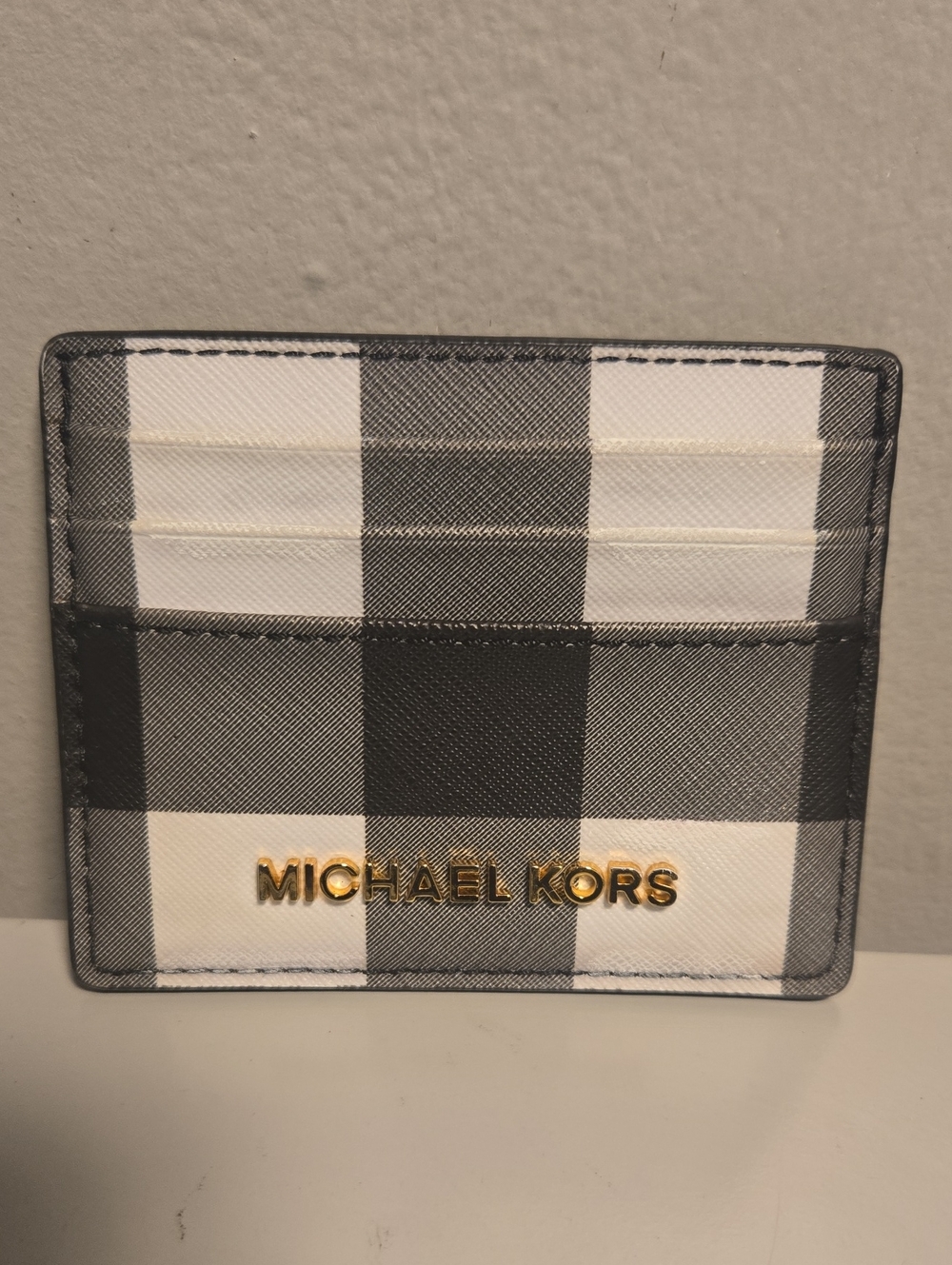Michael Kors Black and White Check Card Case with Gold Logo